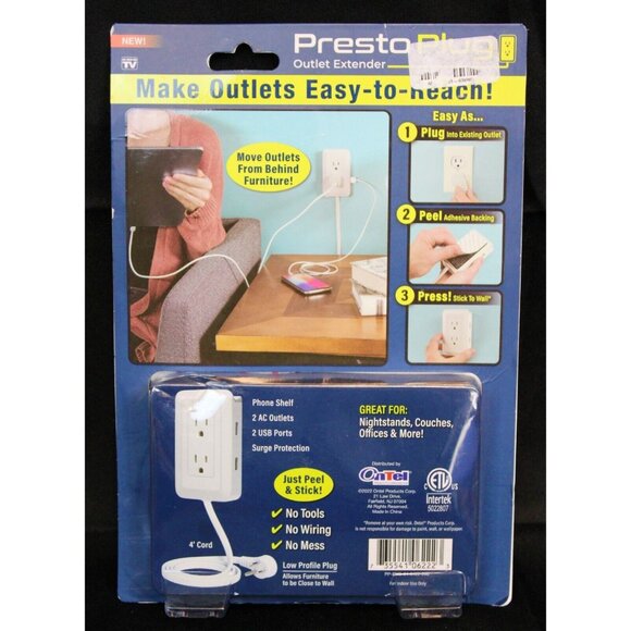 Presto Plug Outlet Extender 4' Cord 2 USB Ports Peel & Stick Surge Protection - Picture 5 of 7
